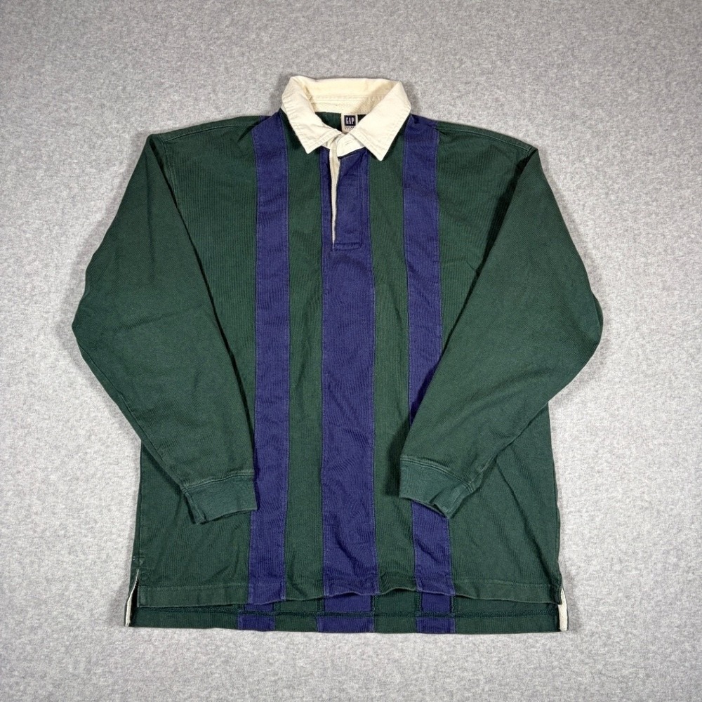 Vintage GAP Factory Rugby Shirt Men's Medium Long Sleeve Striped Green Navy